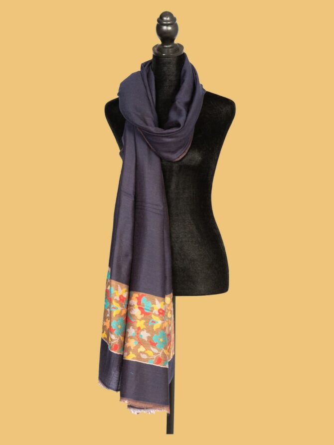 Pure Pashmina Shawl with Mango Design on Pallu, Dark Blue | Buy Original Pashmina Shawl | Authentic Cashmere Shawl | Pashmina Wrap - Luxury Pashmina