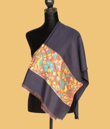 Pure Pashmina Shawl with Mango Design on Pallu, Dark Blue | Buy Original Pashmina Shawl | Authentic Cashmere Shawl | Pashmina Wrap - Luxury Pashmina