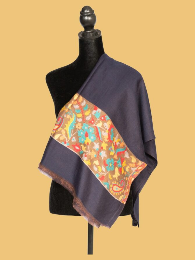 Pure Pashmina Shawl with Mango Design on Pallu, Dark Blue | Buy Original Pashmina Shawl | Authentic Cashmere Shawl | Pashmina Wrap - Luxury Pashmina