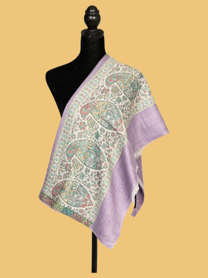 Pure Pashmina Shawl with Mango Design on Pallu - Lavender | Buy Original Pashmina Shawl | Authentic Cashmere Shawl | Pashmina Wrap - Luxury Pashmina