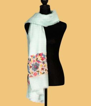 Pure Pashmina Shawl with Mango Design on Pallu, Sky Blue | Buy Original Pashmina Shawl | Authentic Cashmere Shawl - Luxury Pashmina