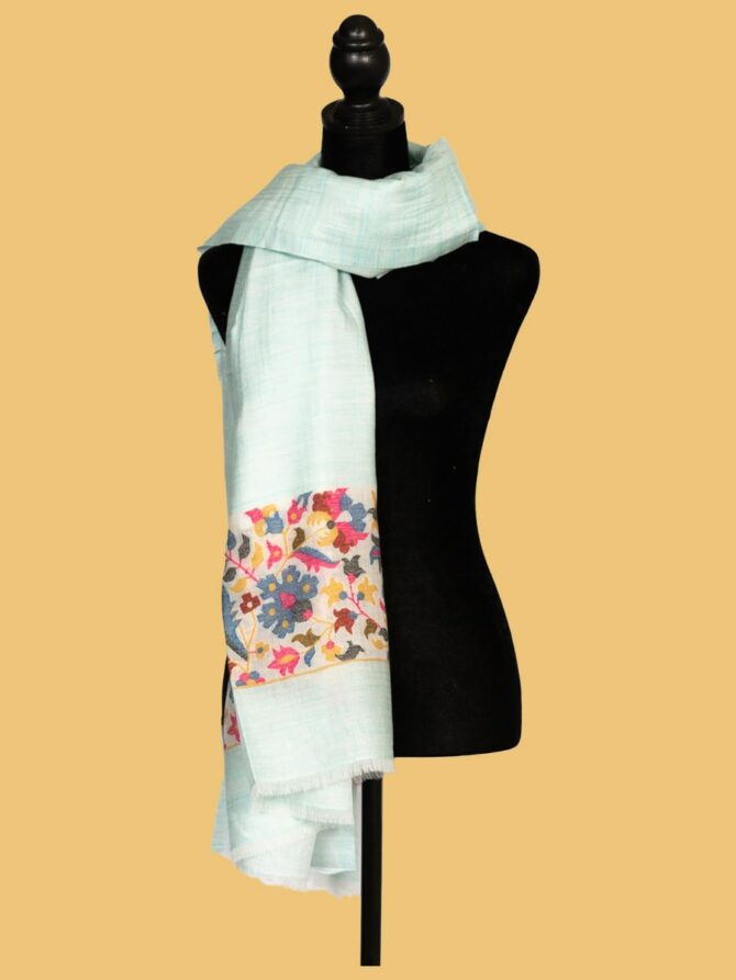 Pure Pashmina Shawl with Mango Design on Pallu, Sky Blue | Buy Original Pashmina Shawl | Authentic Cashmere Shawl - Luxury Pashmina