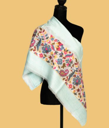 Pure Pashmina Shawl with Mango Design on Pallu, Sky Blue | Buy Original Pashmina Shawl | Authentic Cashmere Shawl - Luxury Pashmina